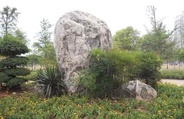 泰山石公路旁草坪点缀