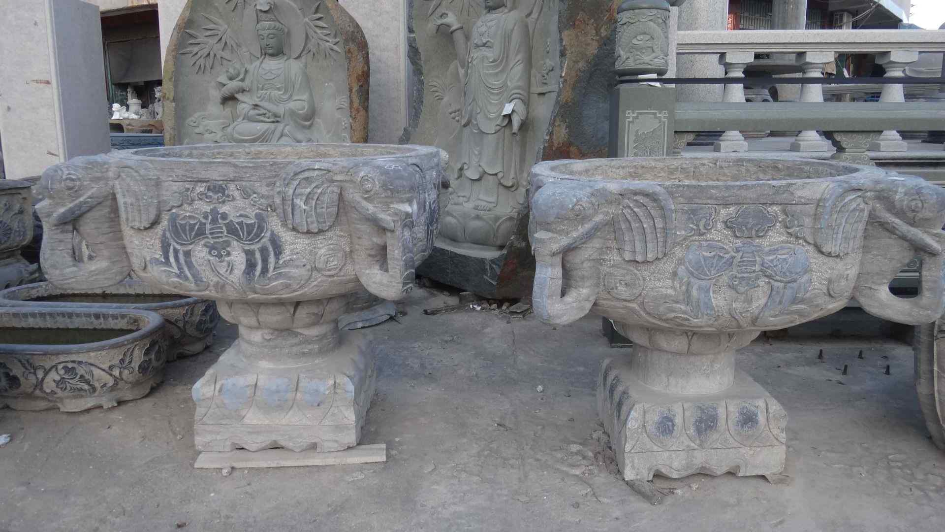 供应仿古做旧石雕鱼缸花盆批发荷花花盆鲤鱼圆形石缸仿石头花盆